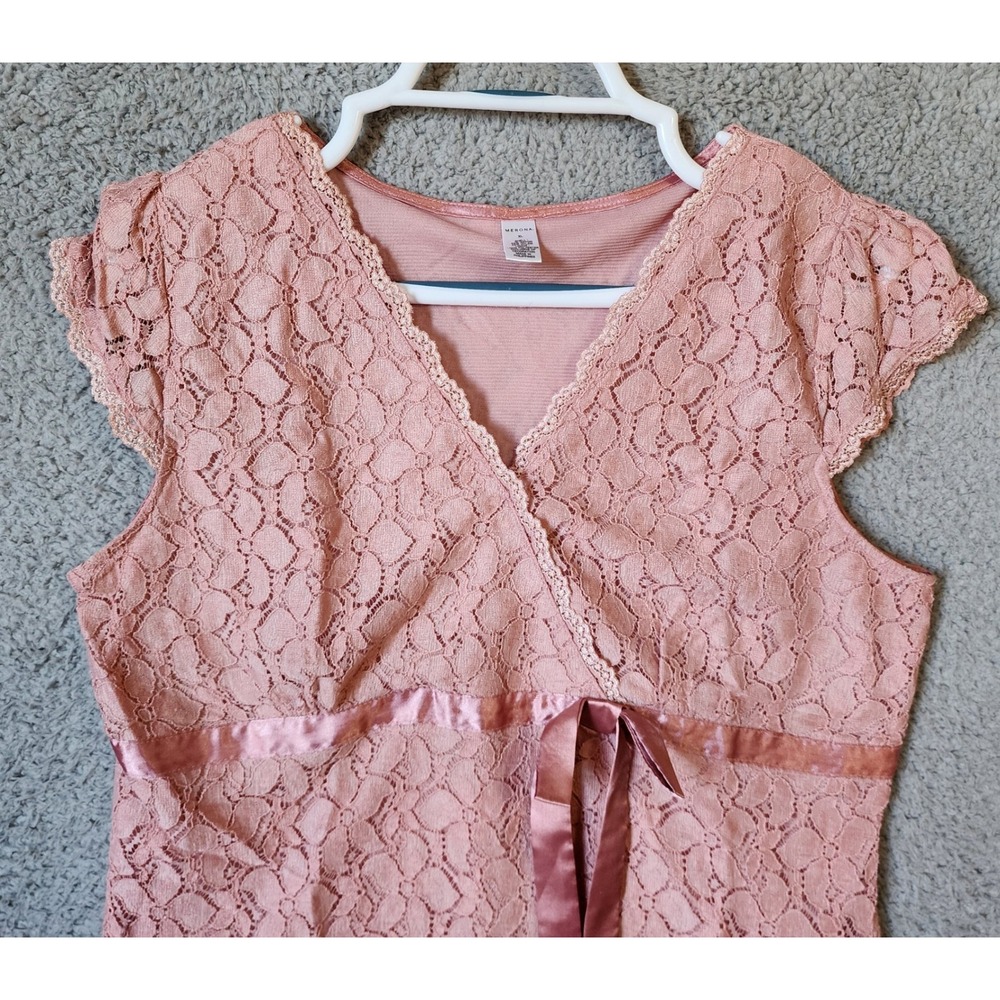 Y2K Merona Lace Blouse Women XL Pink Short Sleeve Empire Waist Satin Tie V-Neck - Picture 2 of 10